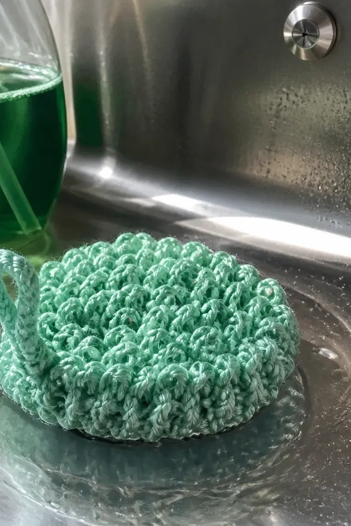Small textured crochet scrubbie with a looped surface in lime green