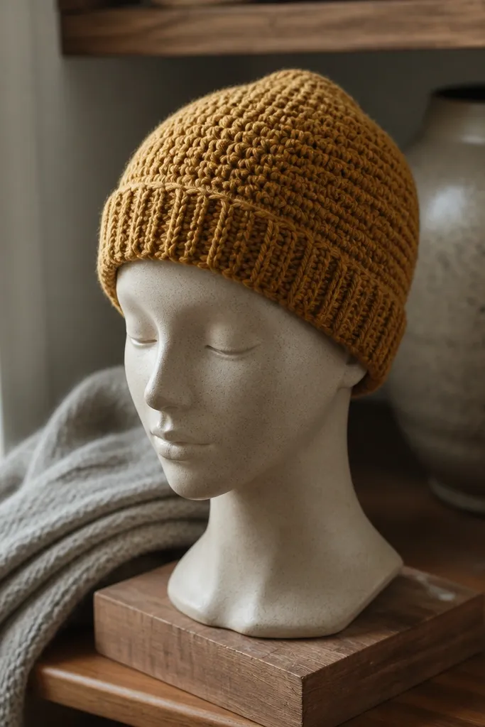 Tiny crochet beanie with ribbing and a folded cuff in pastel yellow