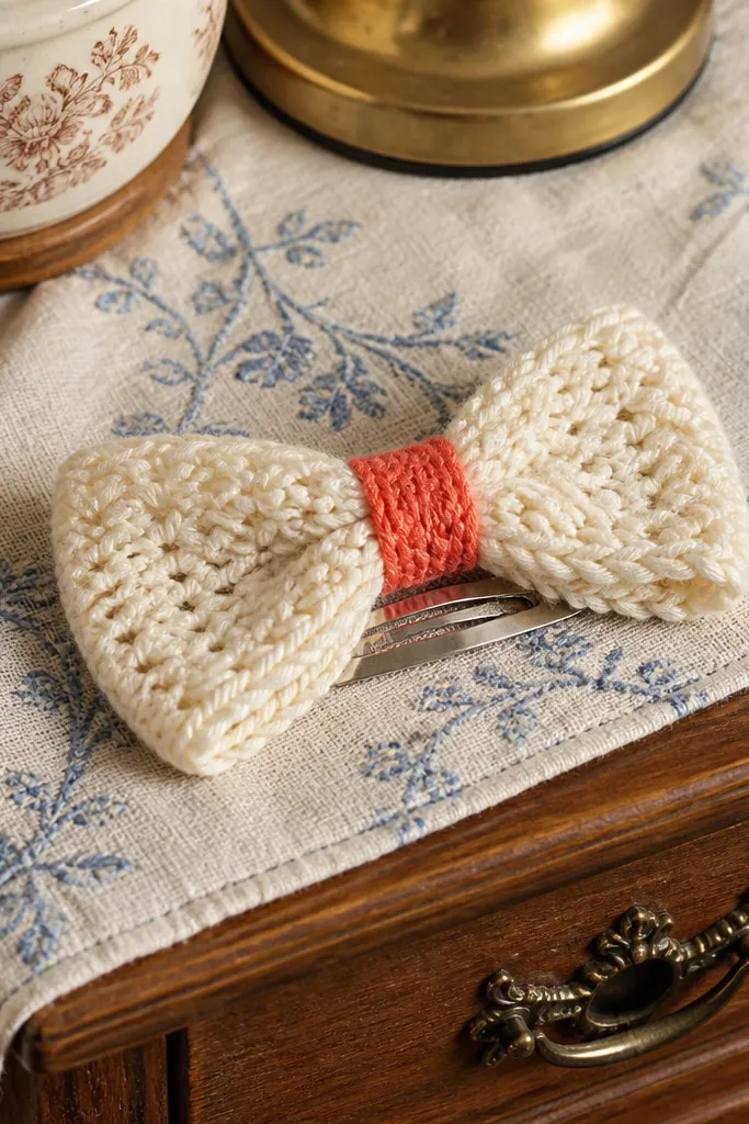 Crochet bow clip in white with a small center knot