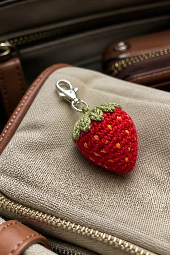 Red strawberry crochet keychain with tiny yellow seed dots and green top