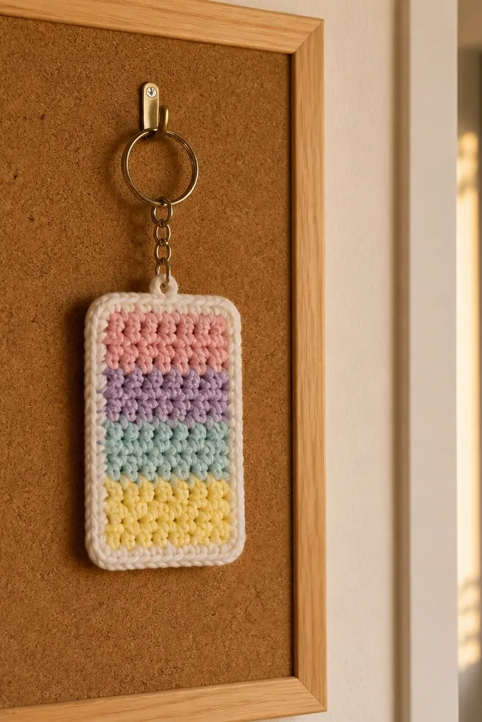 Pastel rainbow crochet rectangle tile keychain with neat border and hanging loop