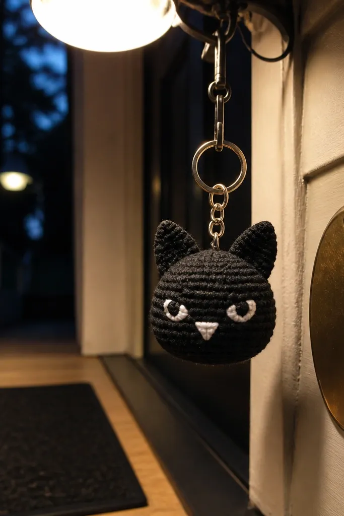 Matte black crochet cat face keychain with triangular ears and simple white eyes