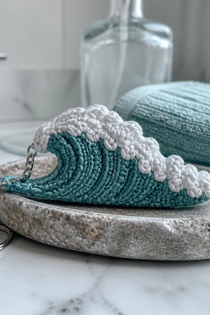 Blue crochet wave keychain with white scalloped foam edge and small loop