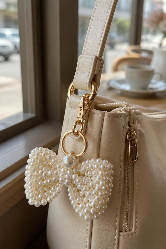 Cream crochet bow keychain with a tiny pearl button center