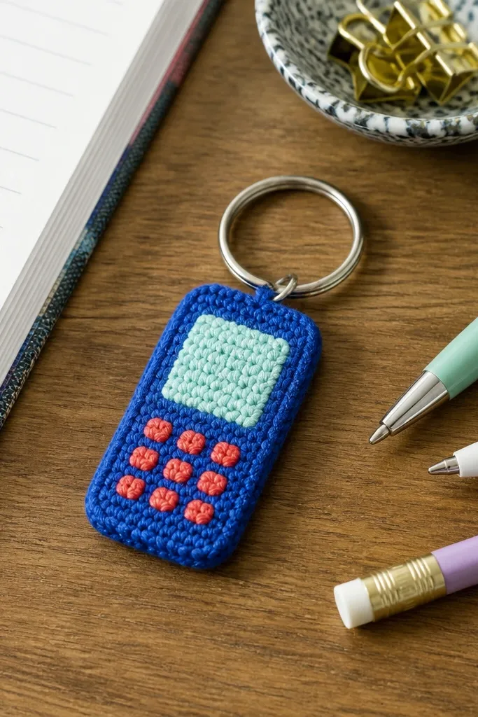 Small crochet phone keychain with bright screen panel and tiny side buttons