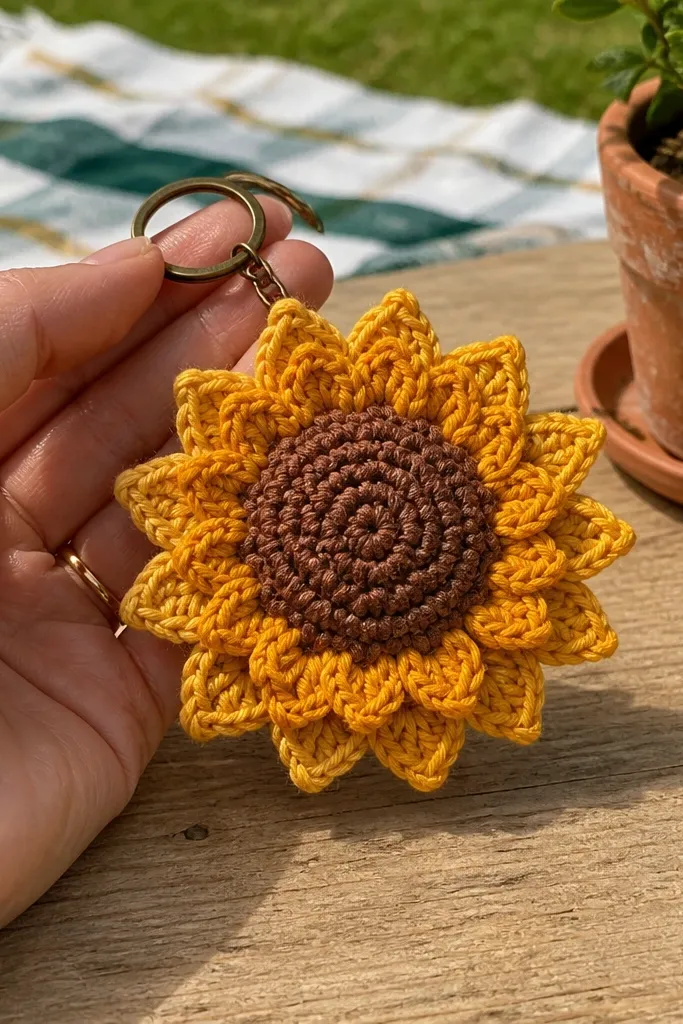 Yellow sunflower crochet keychain with layered petals and a textured brown center