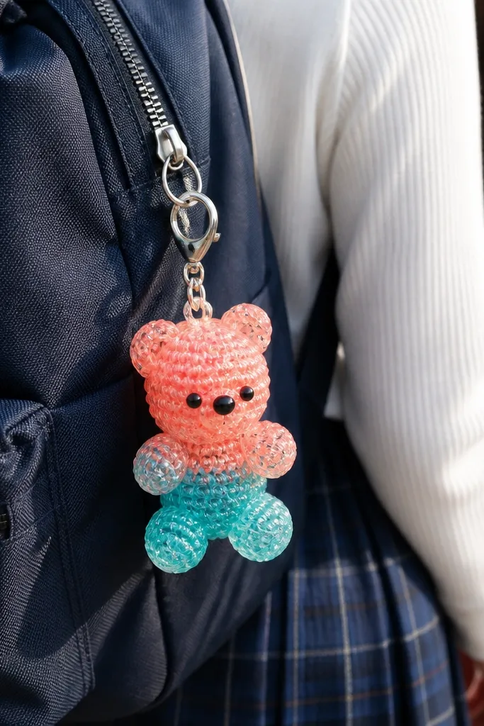 Colorful gummy bear crochet keychain with rounded limbs and a small shiny bead eye
