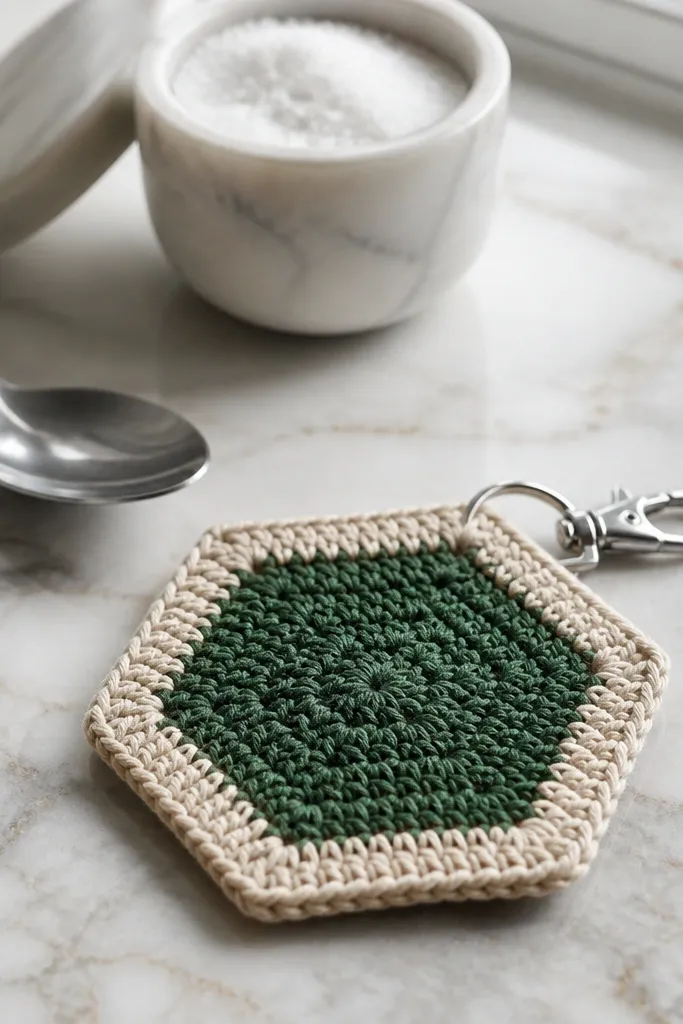 Hexagon crochet keychain with contrasting border and a small top loop