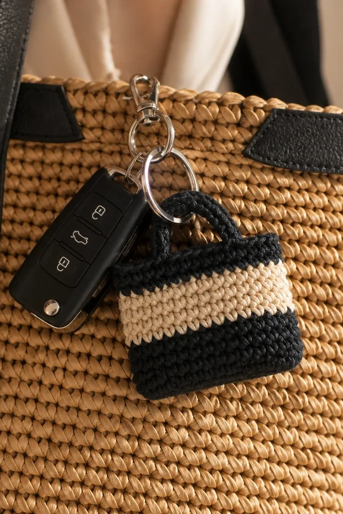 Two-tone crochet mini bag charm keychain with a small handle and striped body