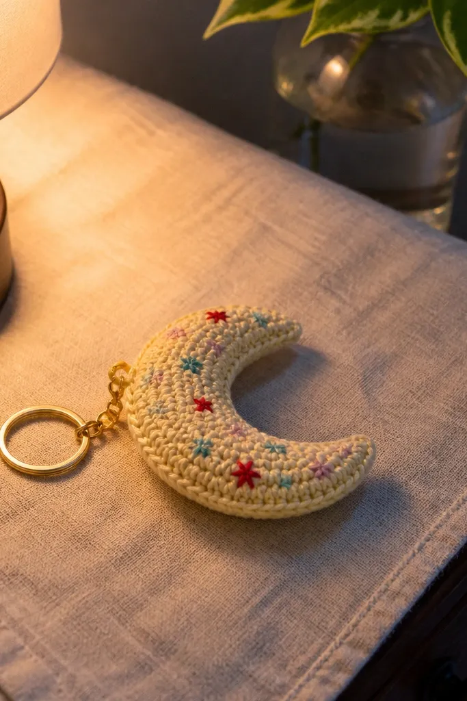 Cream crescent moon crochet keychain with tiny multicolor star stitches