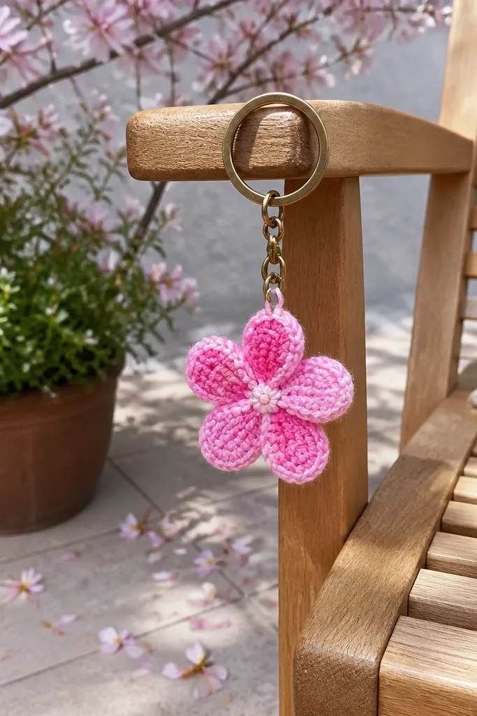 Pink cherry blossom crochet keychain with five rounded petals and a small center