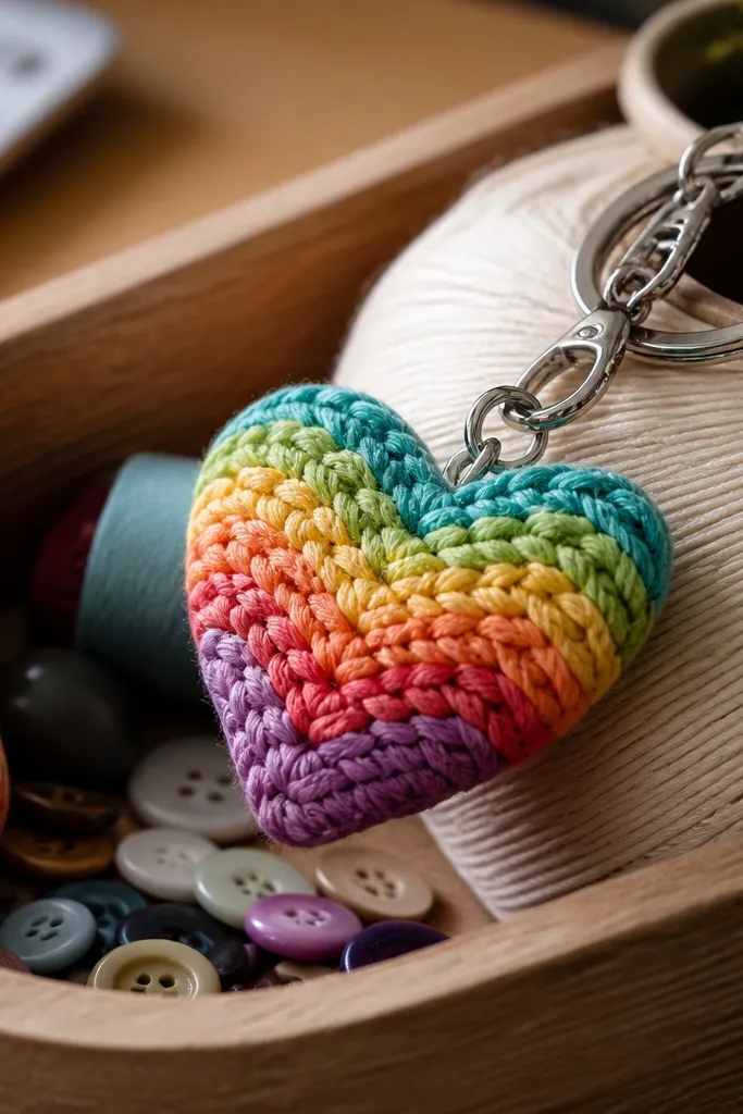 Rainbow heart crochet keychain with raised texture lines and a small top loop