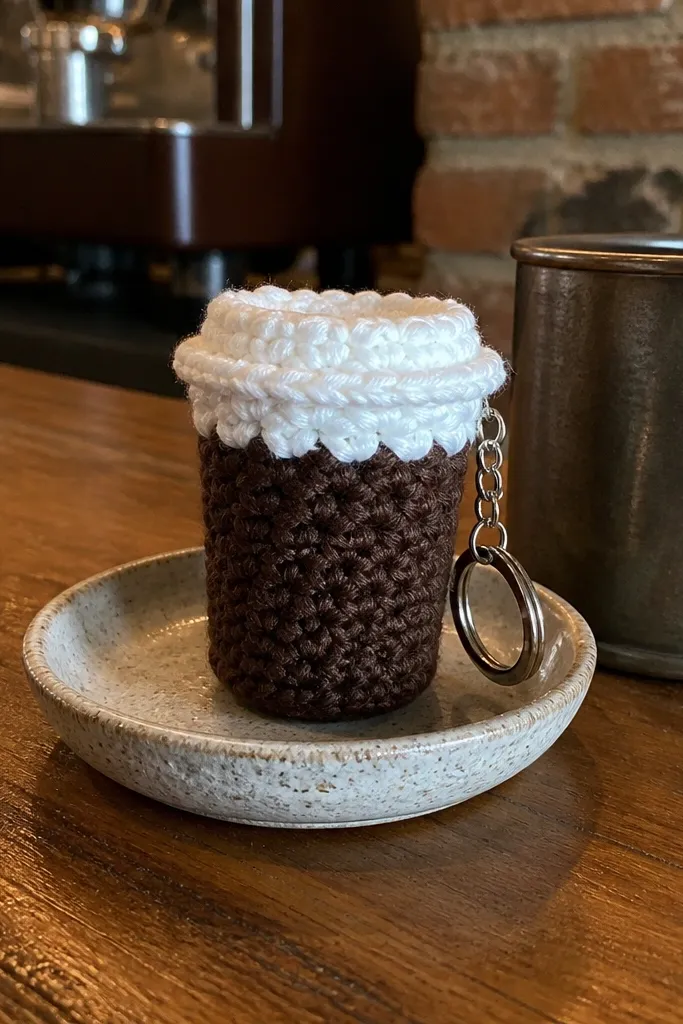 Coffee cup crochet keychain with brown sleeve and white foam top