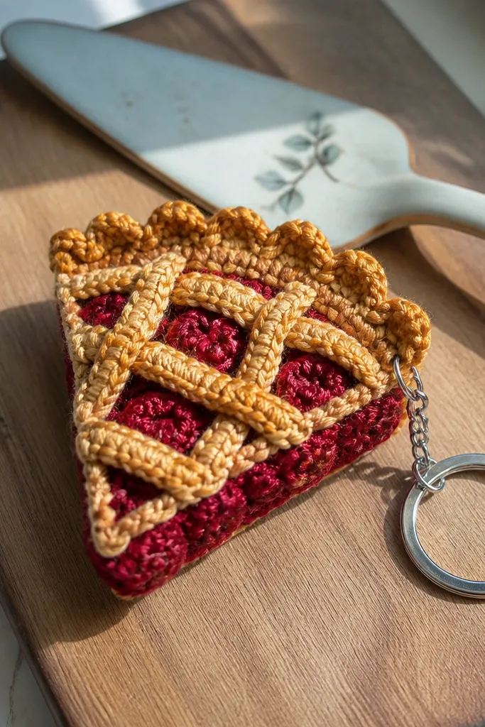 Crochet cherry pie slice keychain with red filling, lattice top, and golden crust edge