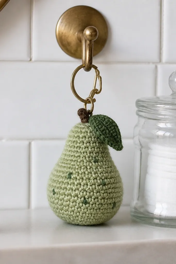 Green pear crochet keychain with a small leaf and tiny brown seed specks