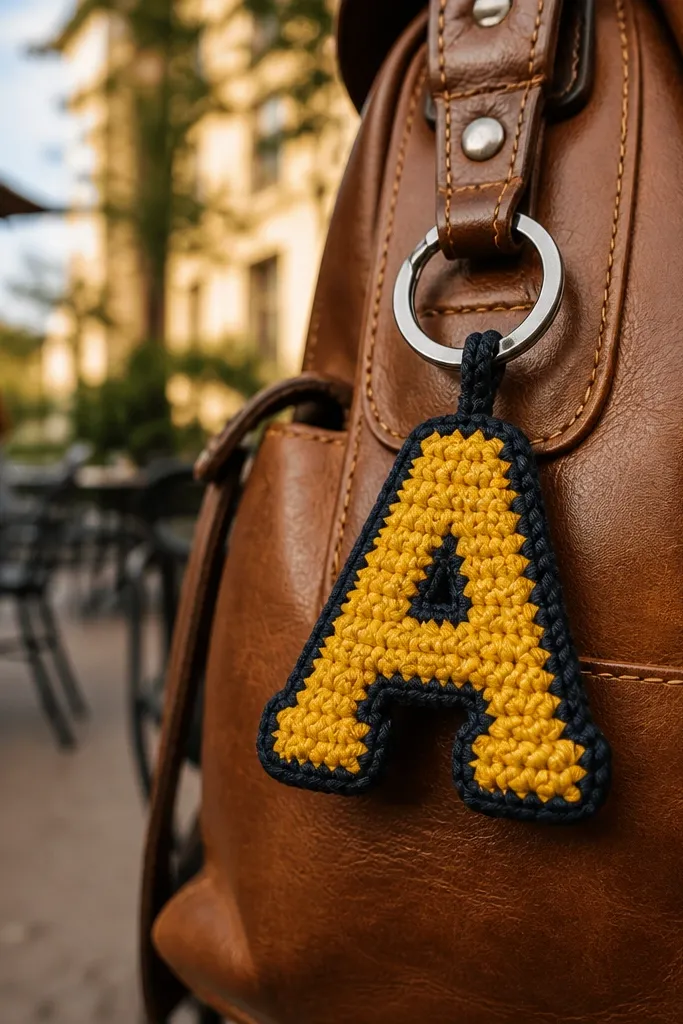 Crochet letter keychain in two colors with a contrasting outline