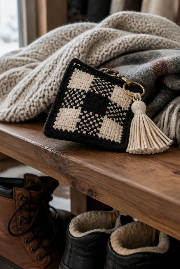 Black and cream buffalo check crochet keychain with a short tassel