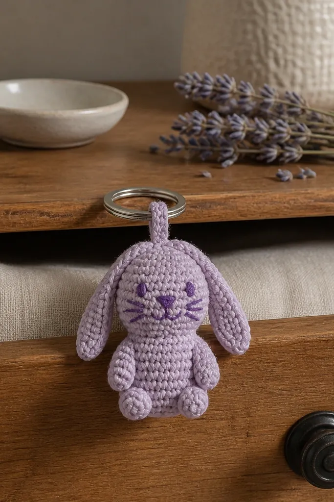 Lavender crochet bunny keychain with floppy ears and a stitched nose