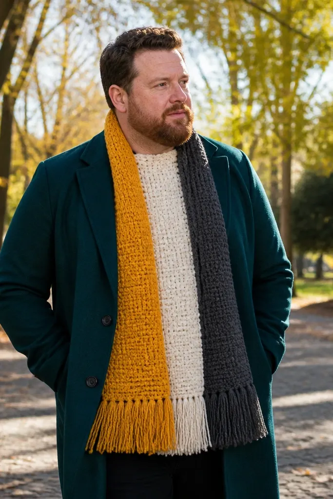 Olive, cream, and camel scarf with vertical color blocks and neat edges