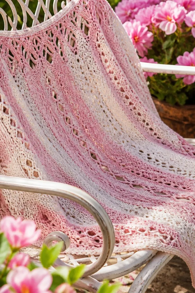 Blush scarf with airy eyelet lace panels and a narrow border