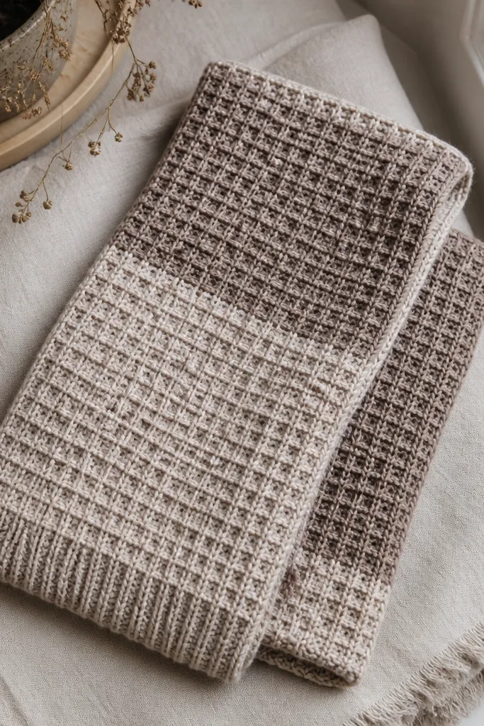 Sand scarf with square waffle texture and a solid ribbed border