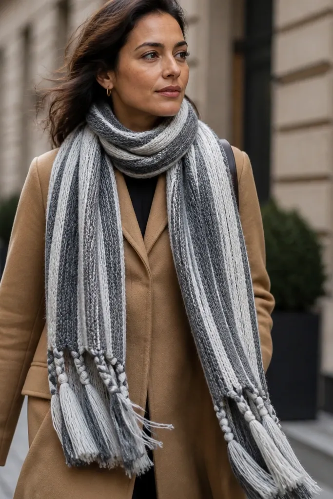Black and cream striped scarf with long fringe ends and soft drape