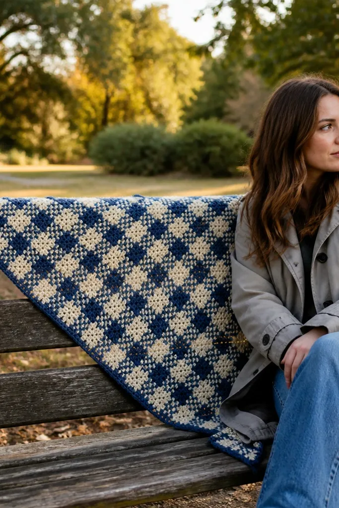 Cream and navy scarf with small square blocks in a gingham pattern