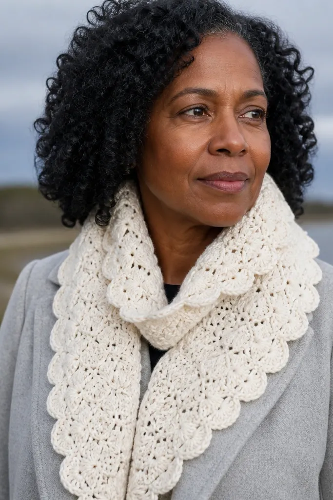 Ivory scarf with repeating shell shapes and a scalloped edge look