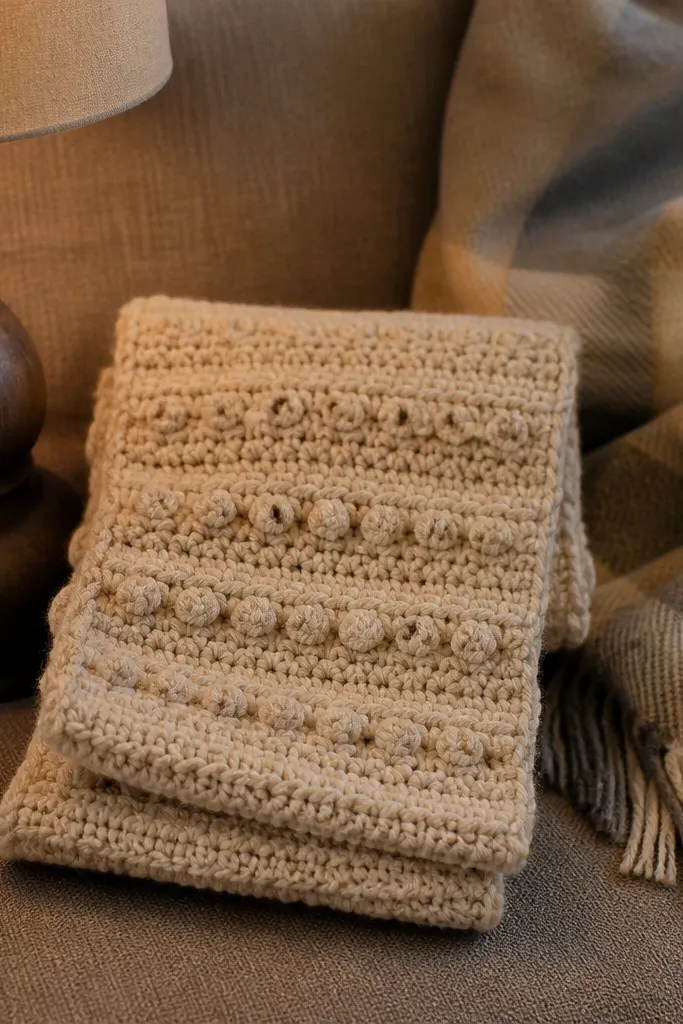 Soft gray scarf with raised bobble stripes and smooth base rows