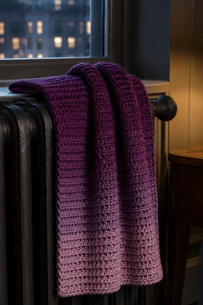 Ombre scarf shifting from deep blue to charcoal with smooth texture