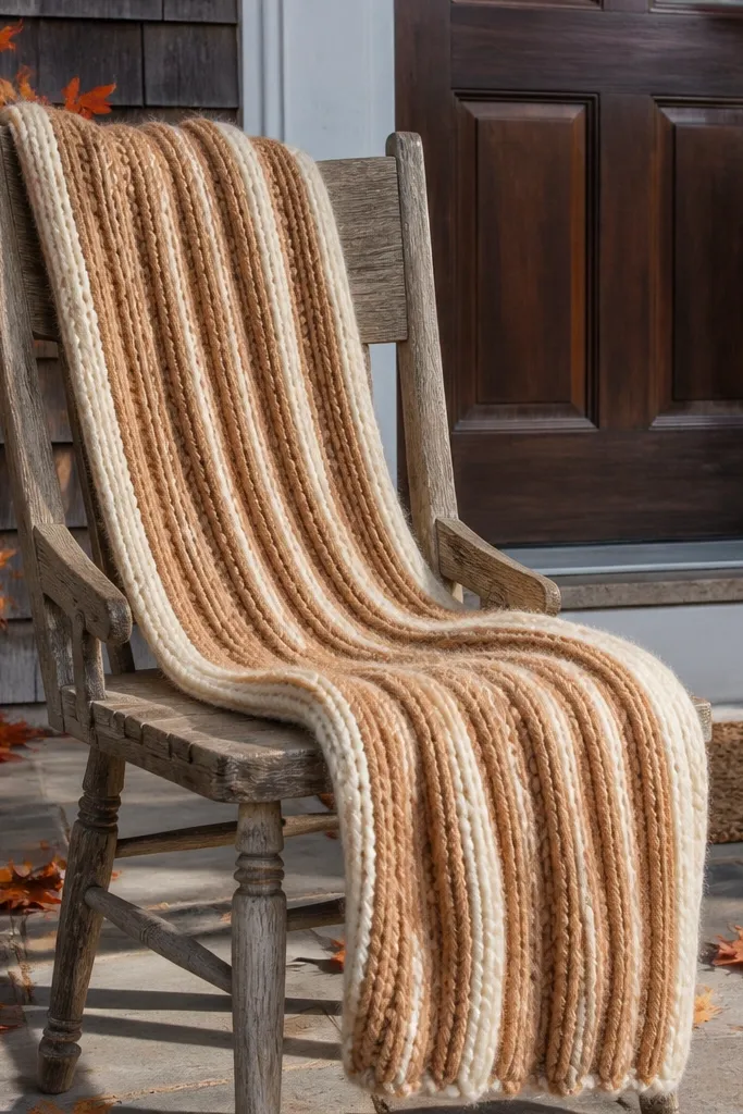 Thick yarn scarf with bold vertical ribbing in camel and cream