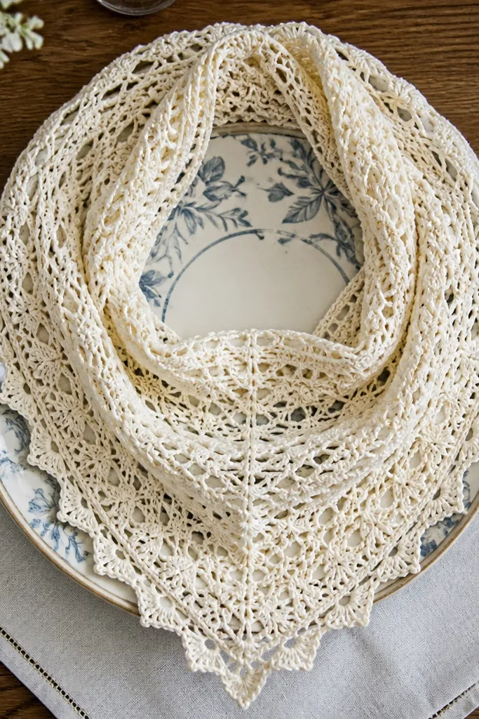 Light gray lace wrap scarf with a triangular open center and scalloped edges