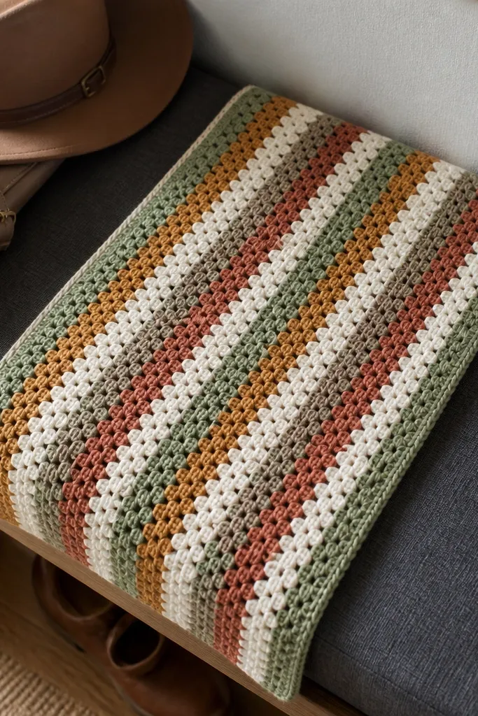 Bright striped scarf with granny-like texture and straight, clean edges