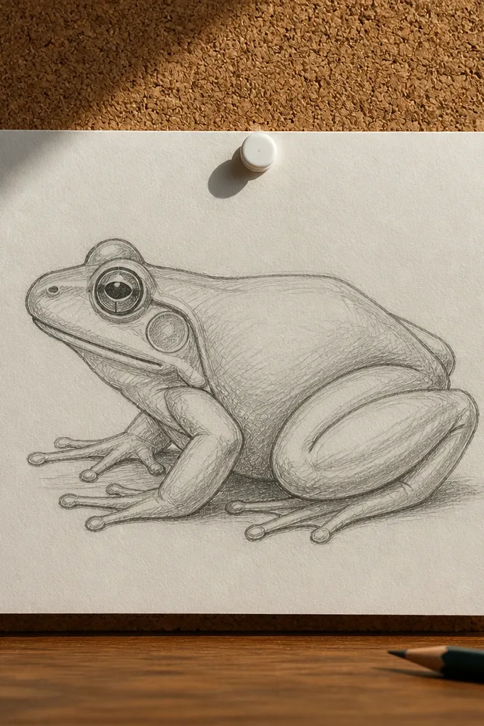 A frog drawn in side view with bent legs and a smiling face