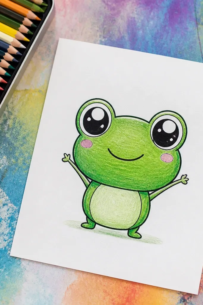 A chibi-style frog with a round head, tiny arms, and a wide smile