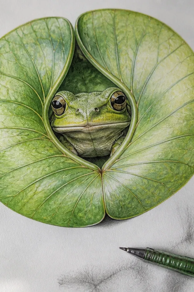 A frog peeking from behind a lily pad leaf