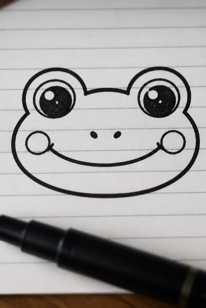 A centered frog face with big eyes and a simple toothless smile