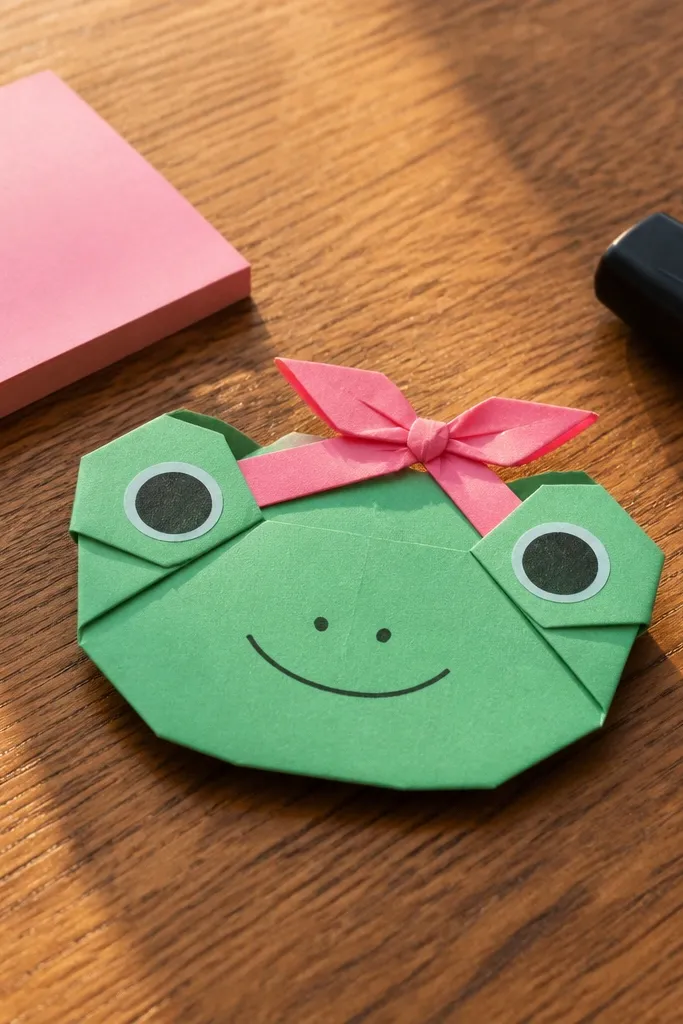 A frog with a cute bow on its head and big eyes