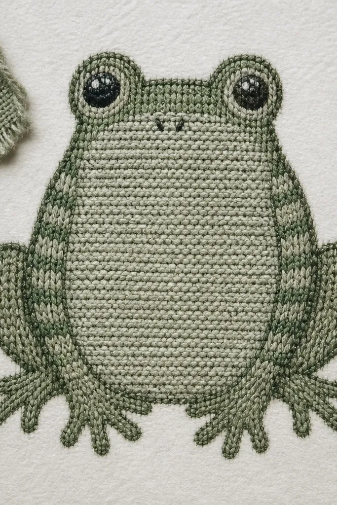 A frog body with simple knit-like texture lines on a sweater