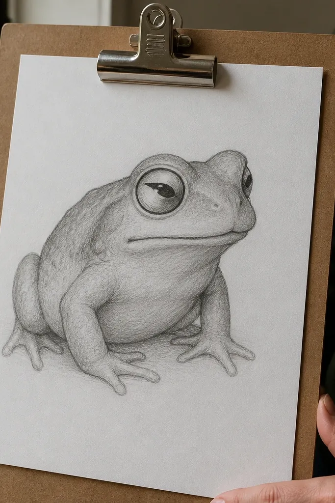 A frog looking sideways with one raised eyebrow-like line