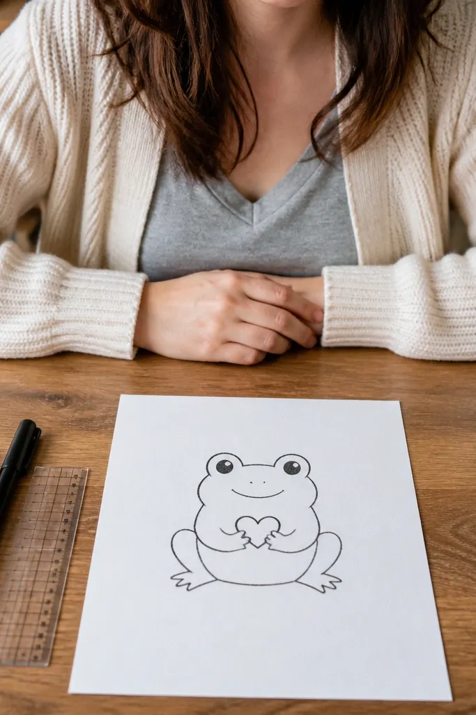 A frog with bent arms holding a small heart shape