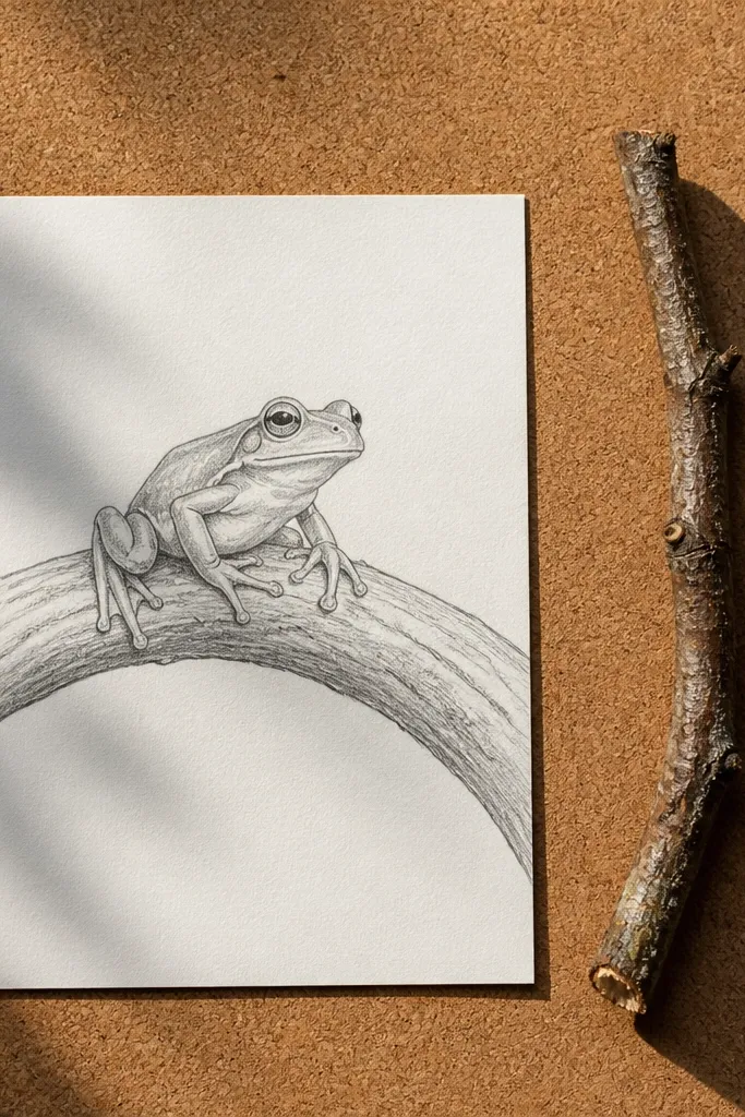 A frog sitting on a curved branch with small feet