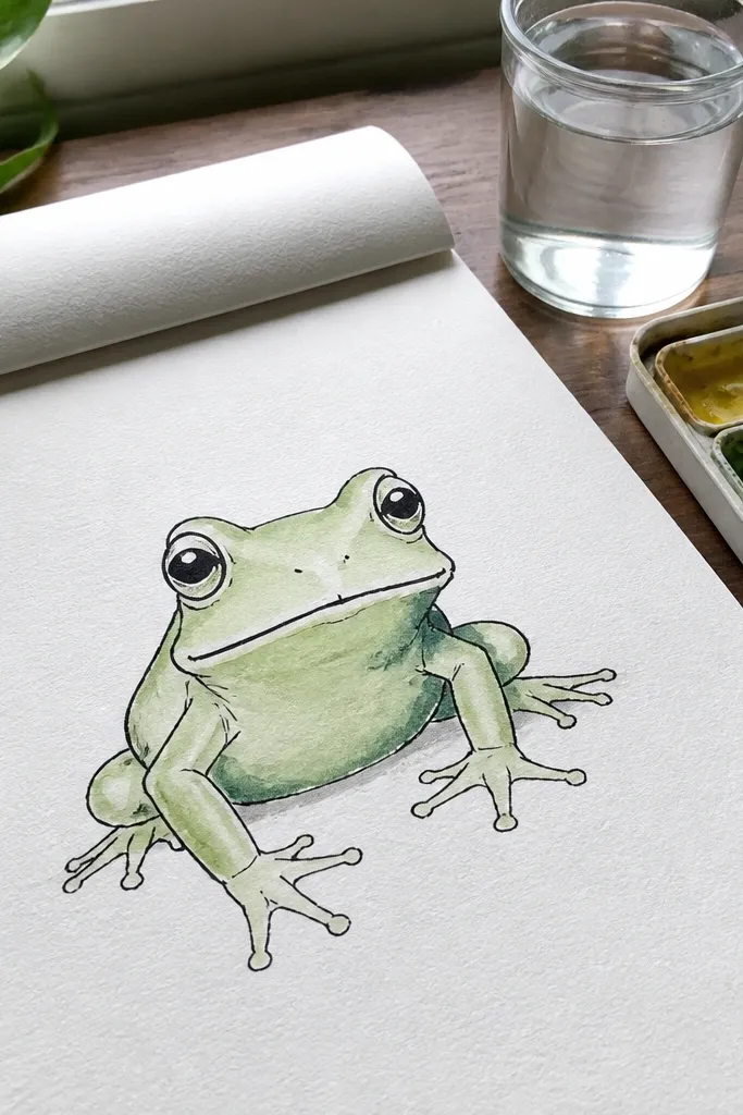 A frog colored in soft green washes with darker outline