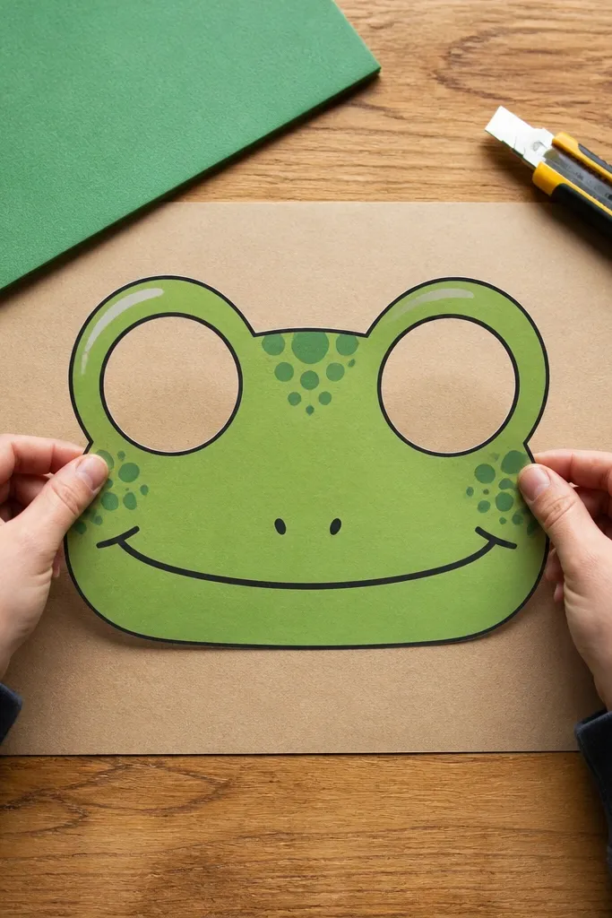 A frog face mask shape with eye holes and a simple mouth