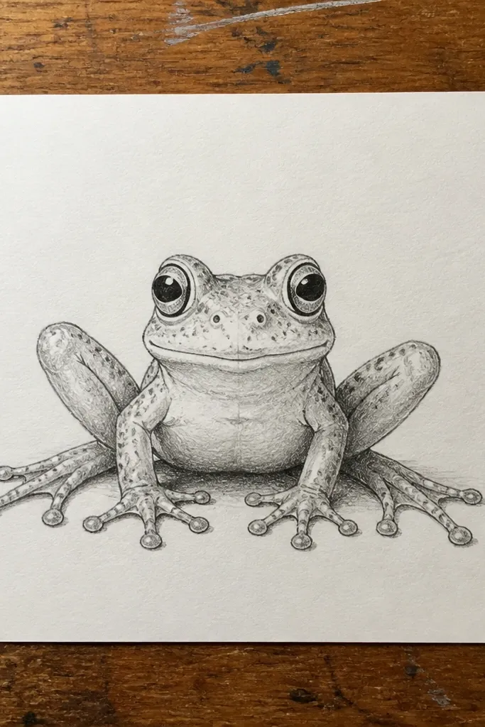 A frog sitting with feet spread and rounded toes