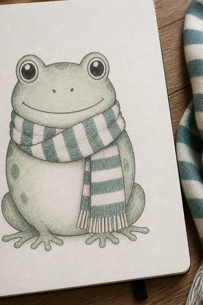A frog with a striped scarf around its neck