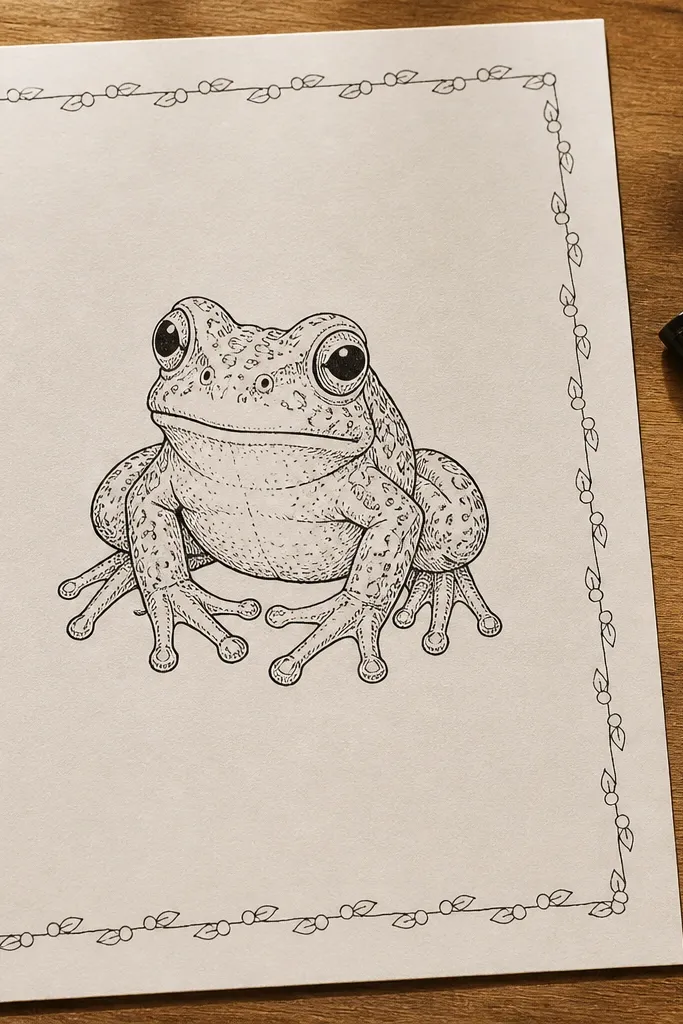 A frog centered inside a doodled border of small circles and leaves