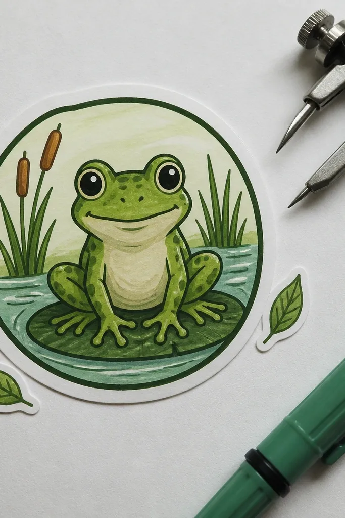 A frog inside a badge shape with small leaf icons around it