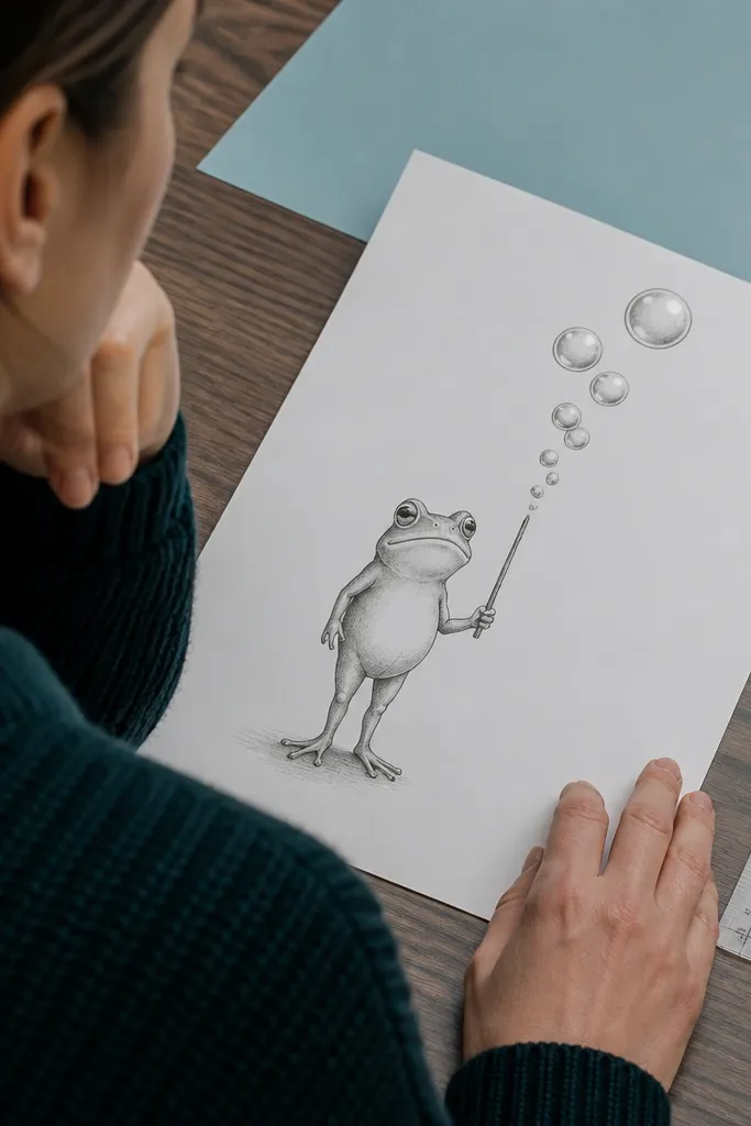 A frog holding a wand with bubbles floating above