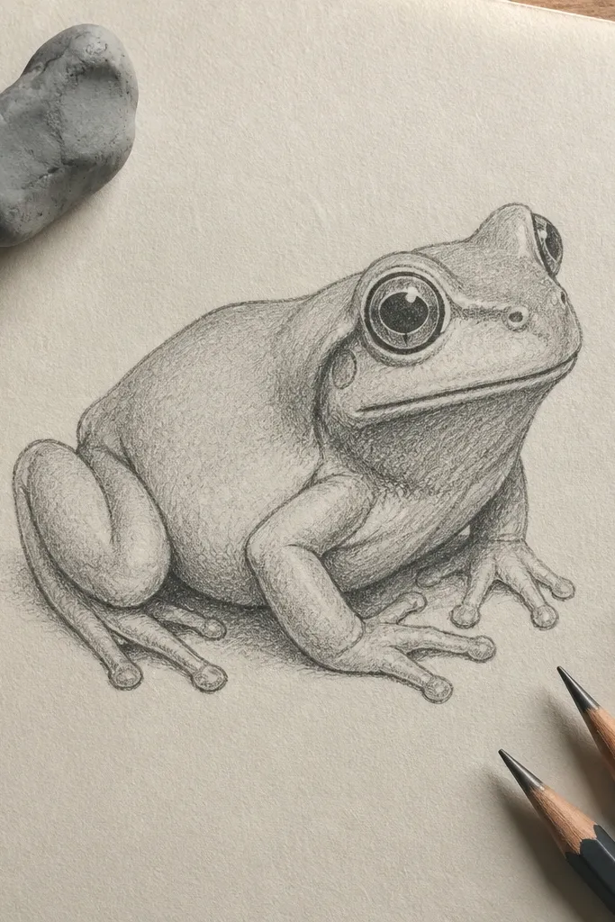 A frog with smooth pencil shading on its body and darker outline